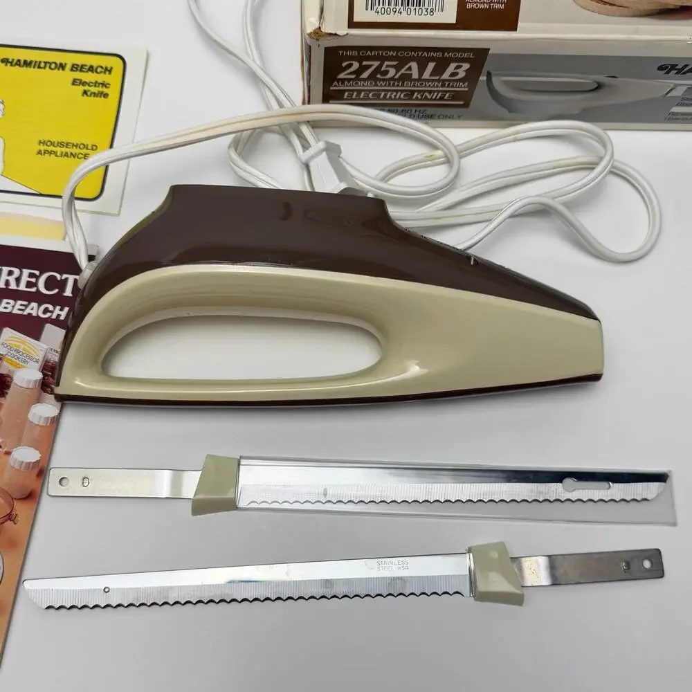 VTG Hamilton Beach 275ALB Electric Knife Almond Brown w Box Blades Retro Kitchen